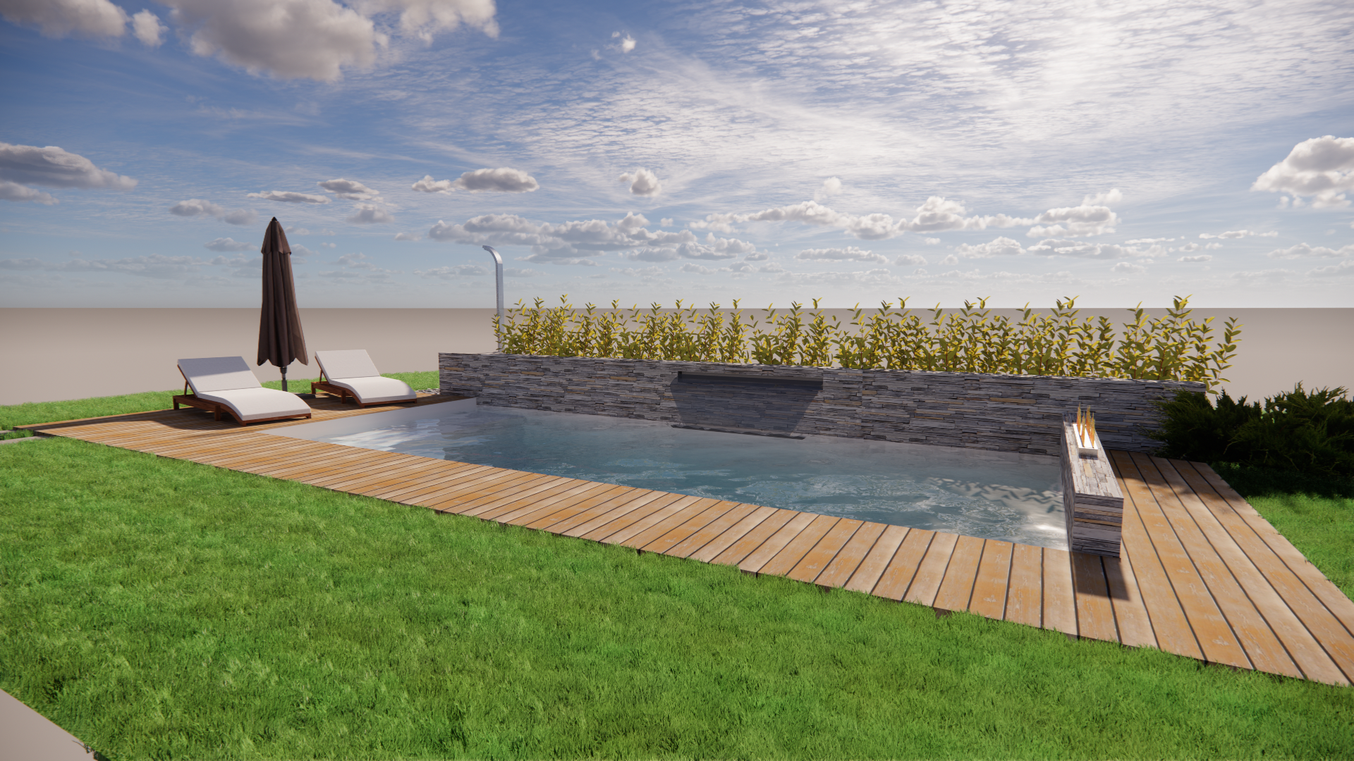 progettazione personalizzata piscina 3x7m con spiaggetta, cascata, focolaio  e doccia solare, progetto esclusivo ad ogni situazione la giusta soluzione.